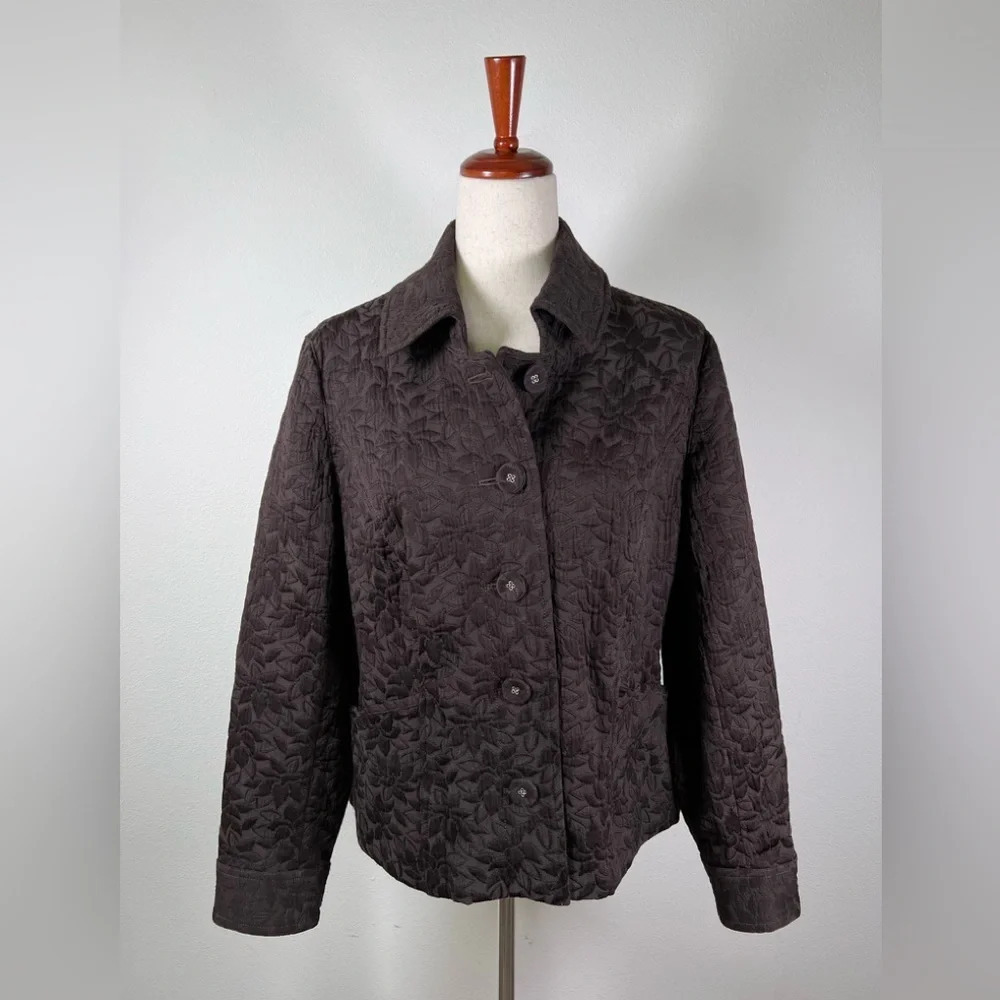 J Jill Quilted Embossed Jacket Size Medium Brown Buttoned‎ Blazer Evening Career